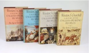 Churchill, Winston L. S., Sir - A History of the English-Speaking Peoples, 1st edition, 4 vols, all signed, Lord Hartley Shawcross copy, ex Friston Place, Sussex, 8vo, original cloth with unclipped d/j’s, Cassell & Compa